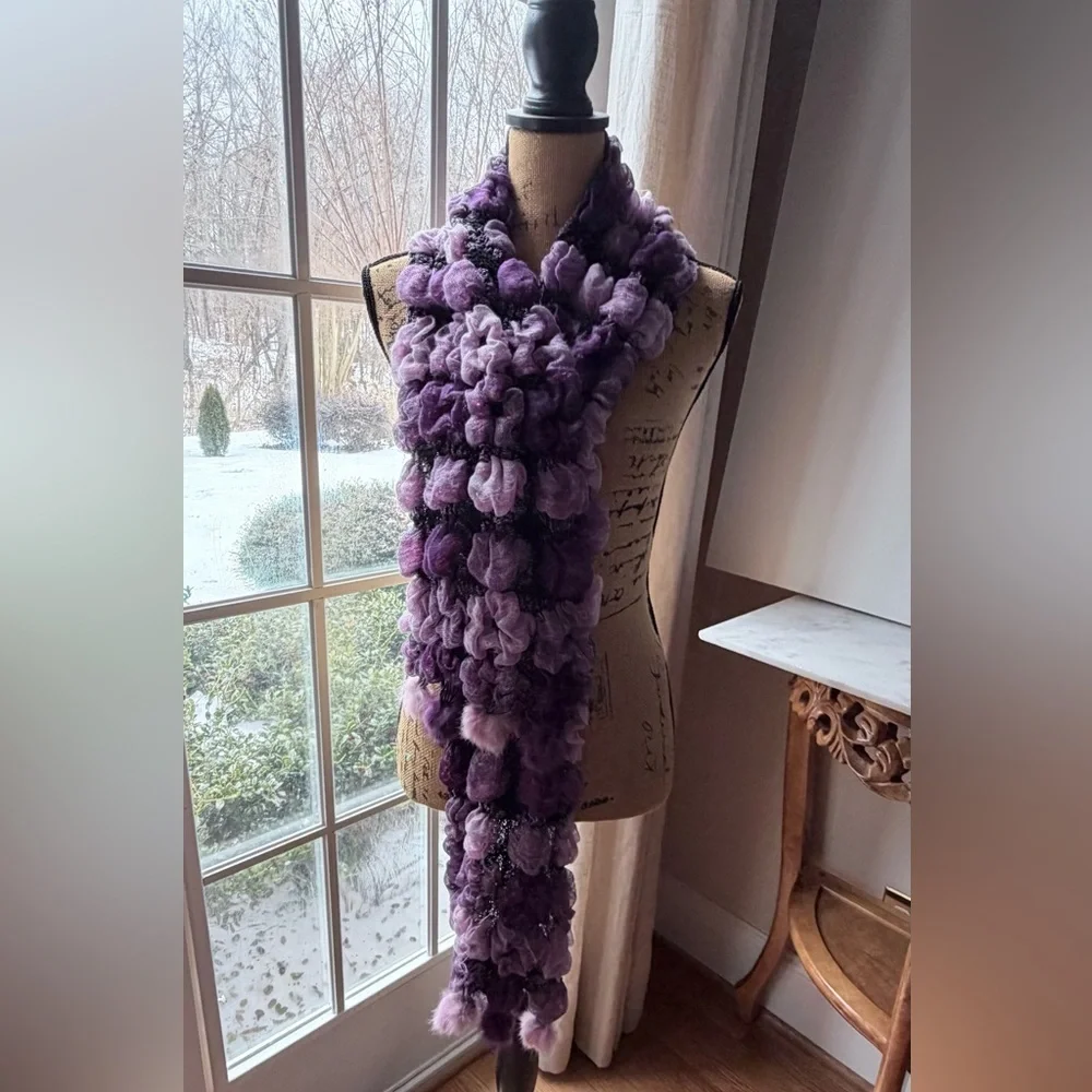 Luxurious Purple Art  Scarf with real fur